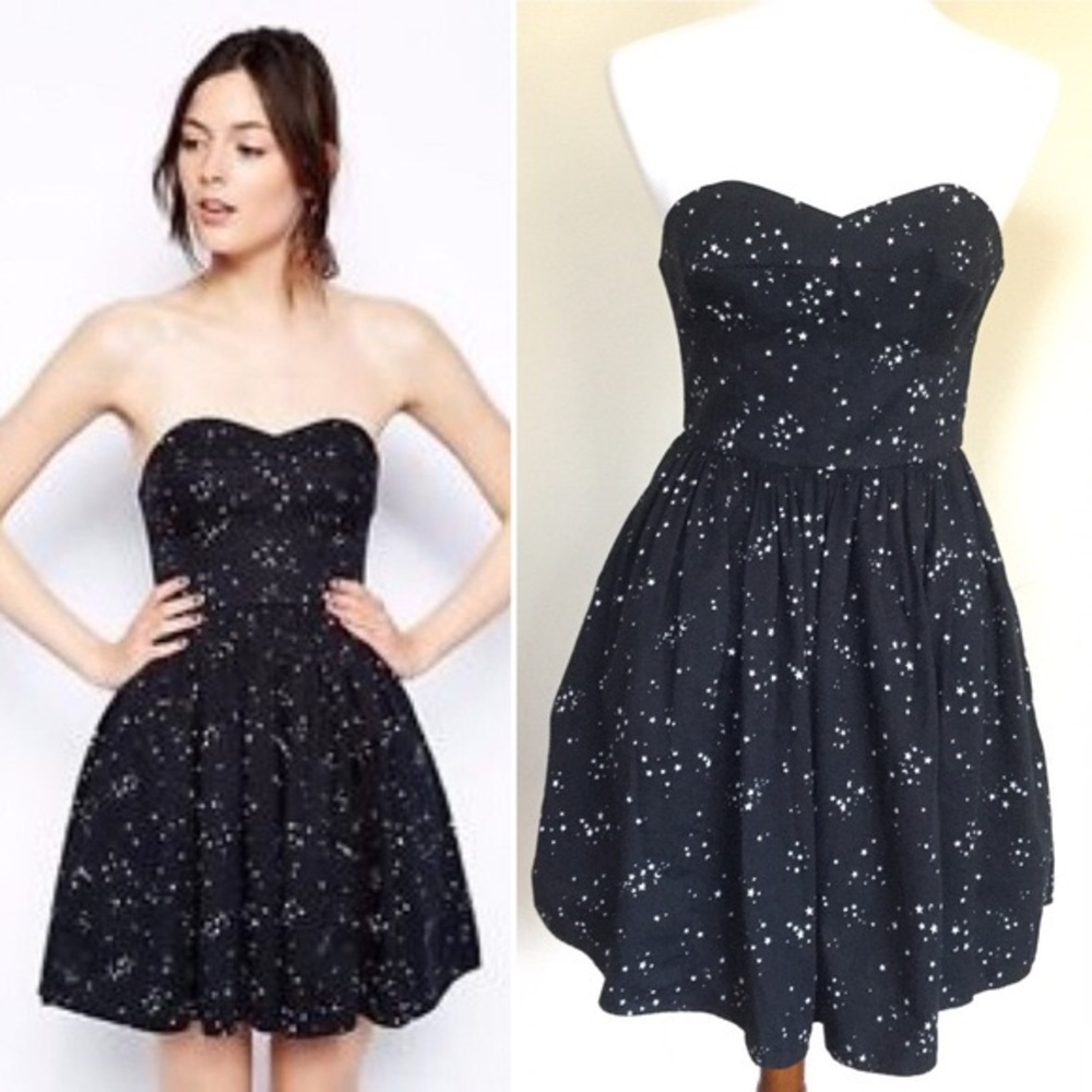 JACK WILLS Strapless Star Moon Print Black Dress 4